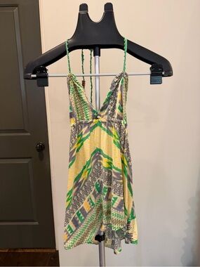 Free People Green Tribal Print Halter Tank Tunic Small Boho Open Back Top